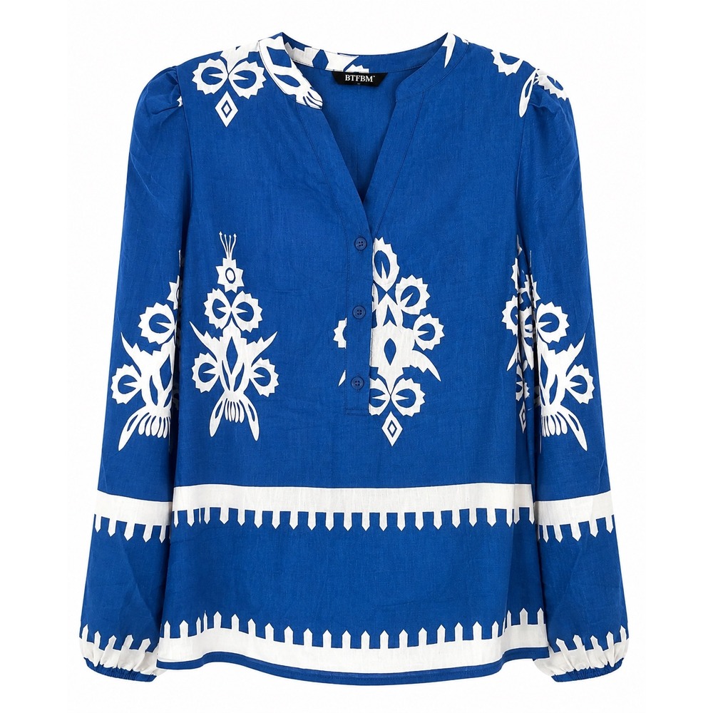 BTFBM Blue & White Boho Tunic Top Size Small NWT Split Neck Long Sleeve